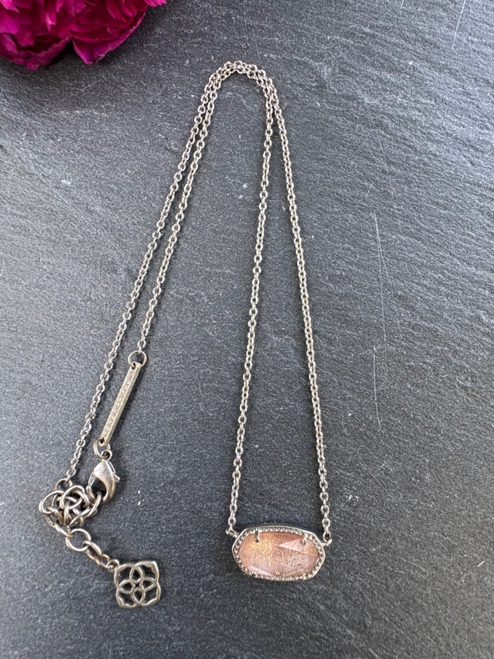 Kendra Scott Elisa Silver Pendant Necklace Rose Gold Drusy Peach Dichroic Glass